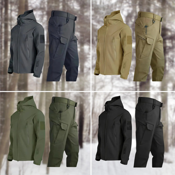 All-weather women's tactical set for outdoor activities, with waterproof jacket & cargo pants.