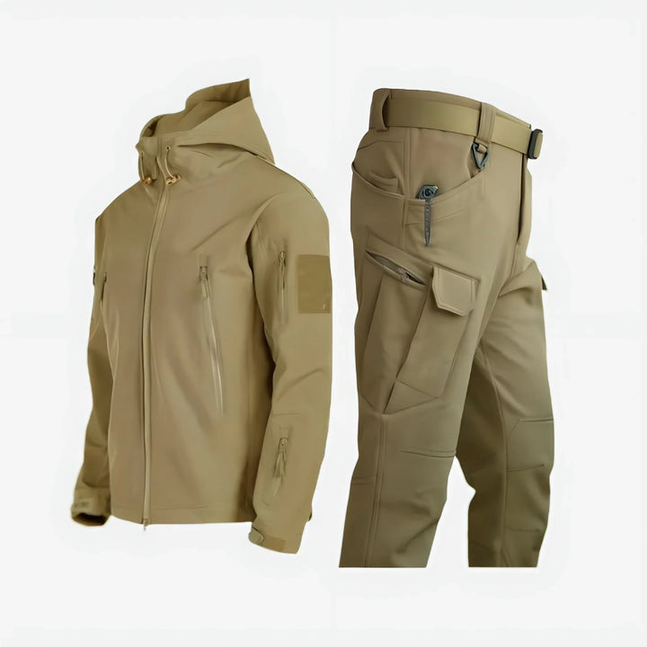 Durable women's all-weather tactical jacket and cargo pants set, perfect for outdoor performance.