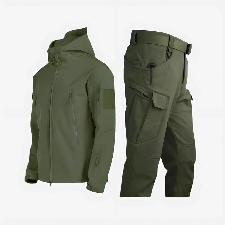 Hooded waterproof women's tactical jacket and matching cargo pants for outdoor adventures & hiking.