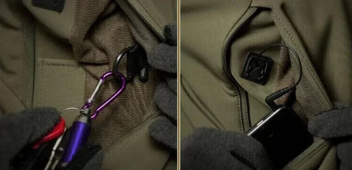 Women's durable outdoor set: waterproof tactical jacket with hood and multi-pocket cargo pants.