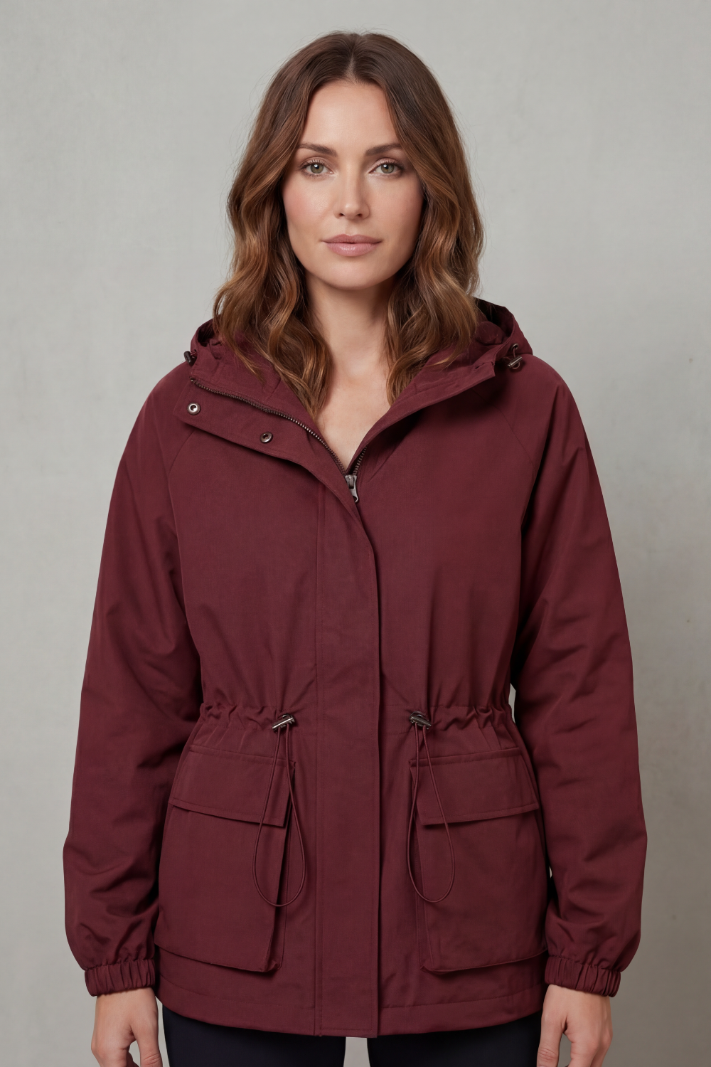 Fashionable women's waterproof utility jacket, lightweight outerwear for versatile styling.