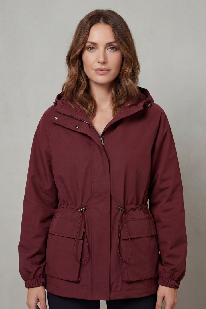 Fashionable women's waterproof utility jacket, lightweight outerwear for versatile styling.