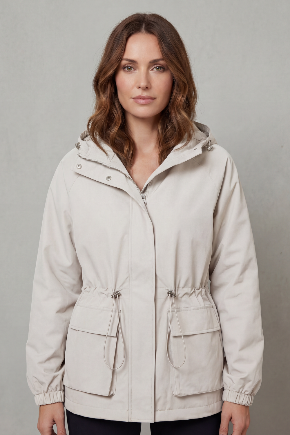 Casual women's waterproof utility jacket with adjustable drawstring, perfect for daily wear.