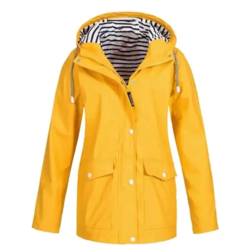 Stylish women's lightweight waterproof rain jacket for outdoor adventures. Windproof activewear.