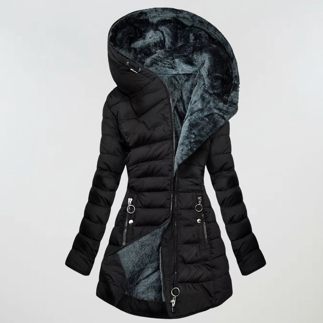 Women's waterproof winter coat for cold weather. Stay warm and dry in this stylish hooded long jacket.