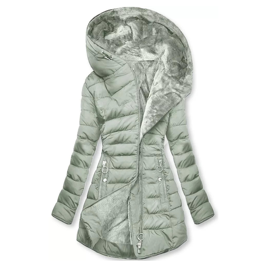 Cozy women's waterproof winter coat. Long, hooded jacket keeps you warm and dry in cold, rainy weather.