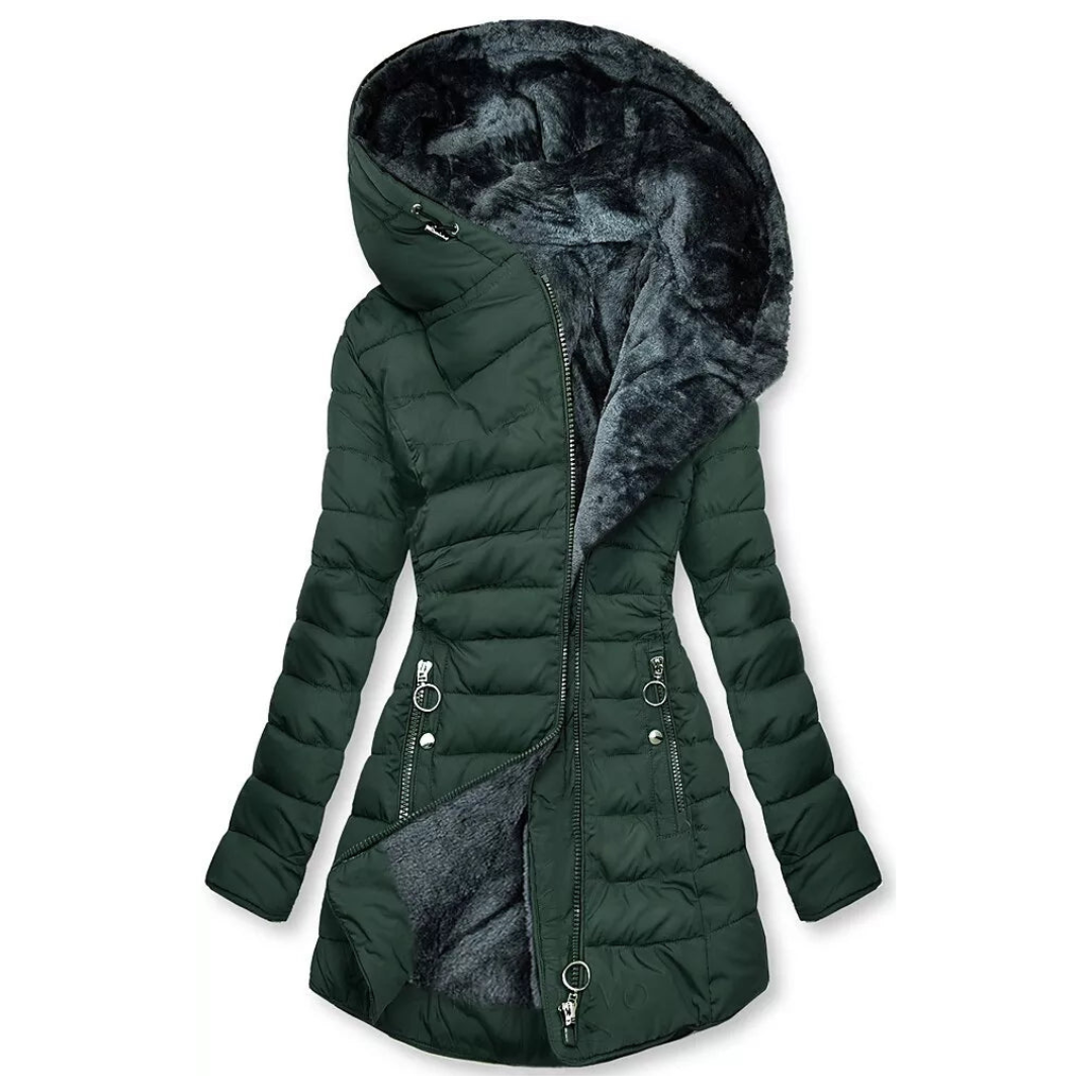 Protective women's waterproof winter jacket. Stay warm and dry with this stylish hooded long cold-weather coat.