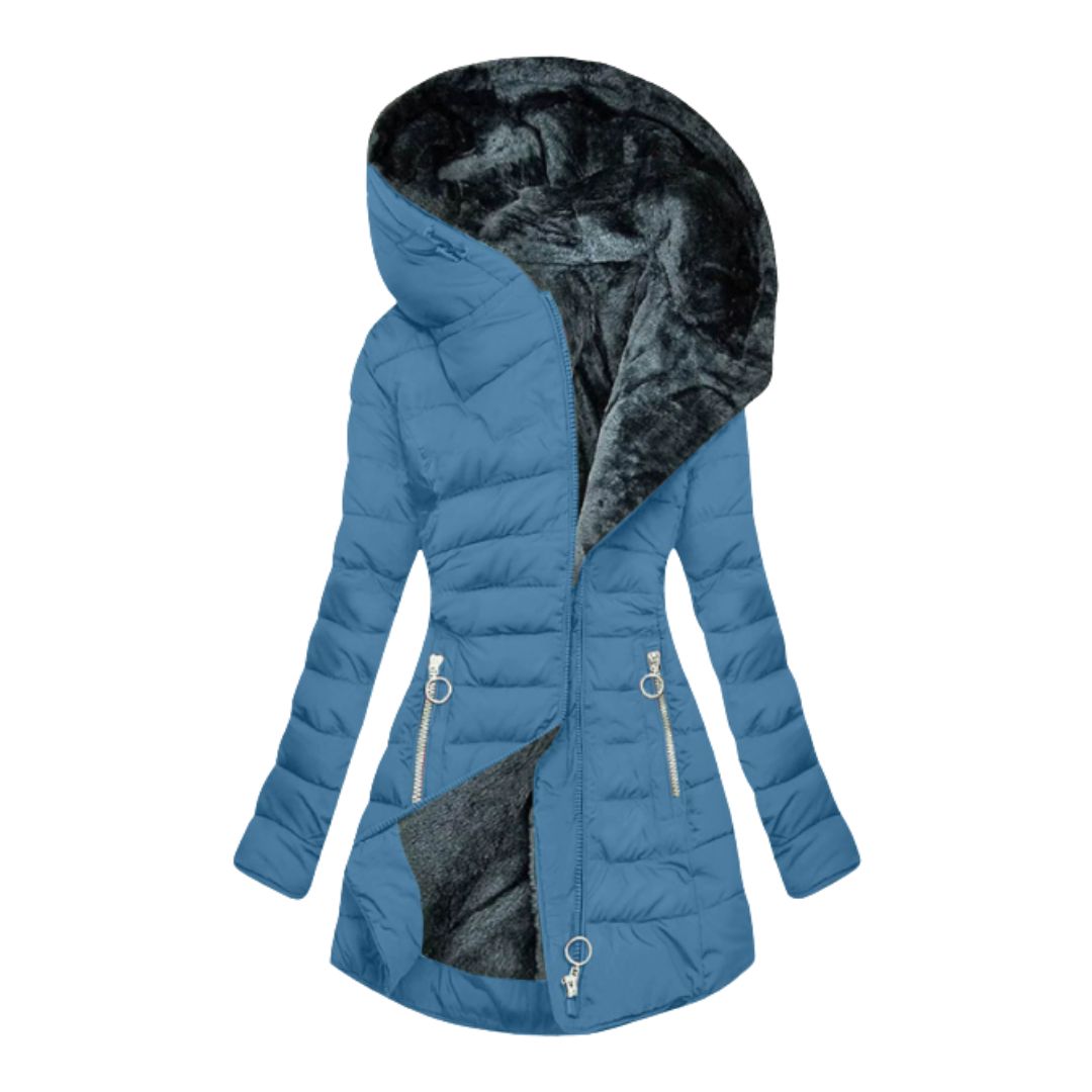Comfortable women's long winter coat, waterproof and warm. Stylish everyday outerwear, hooded for cold weather.