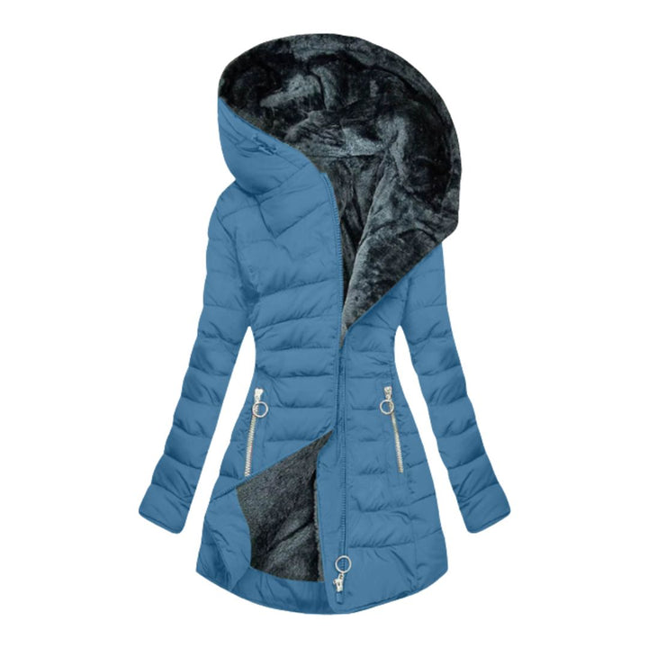 Comfortable women's long winter coat, waterproof and warm. Stylish everyday outerwear, hooded for cold weather.