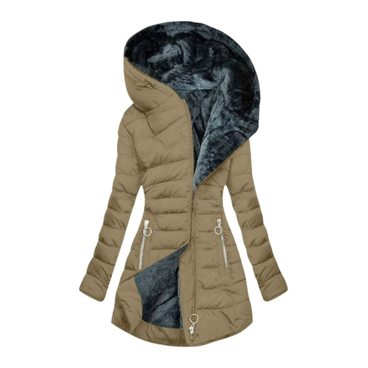 Women's warm waterproof rain jacket, a stylish hooded long winter coat. Essential outerwear for cold, wet days.