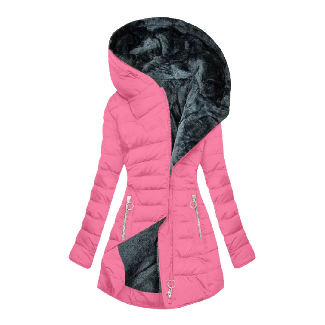 Everyday women's waterproof winter coat. Stylish, warm, and long hooded jacket for cold and rainy weather.