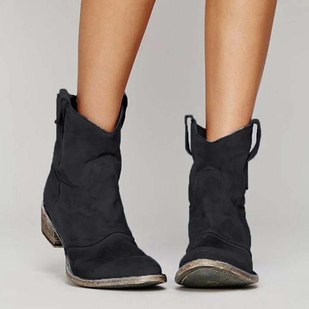 Stylish women's Western ankle boots featuring a sturdy block heel and practical pull tabs for easy wear.
