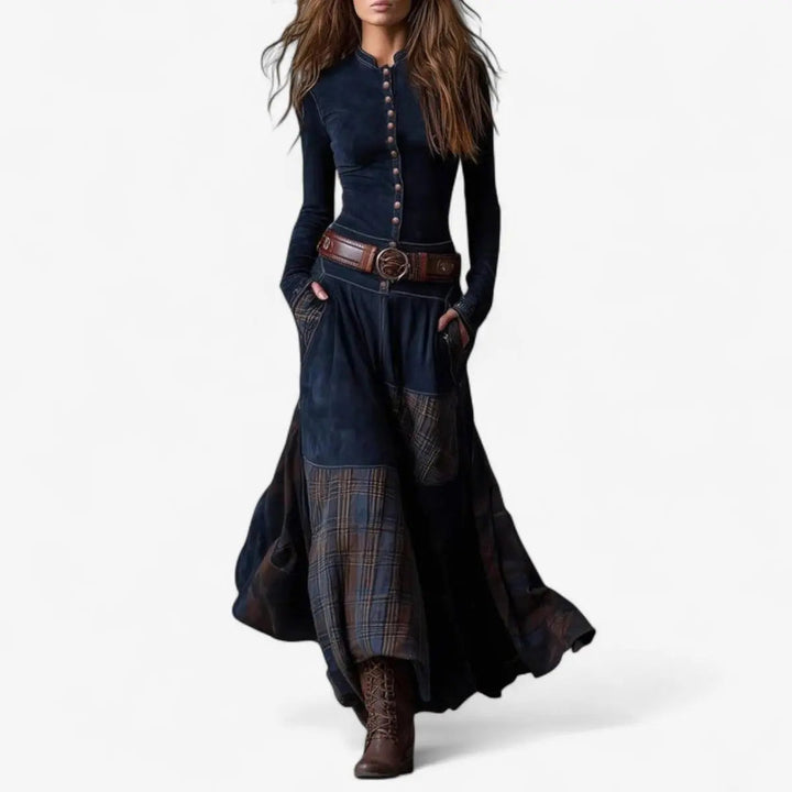 Women's Western Boho patchwork maxi dress. Suede-look, button front, long sleeves. Ideal for fall/winter fashion.