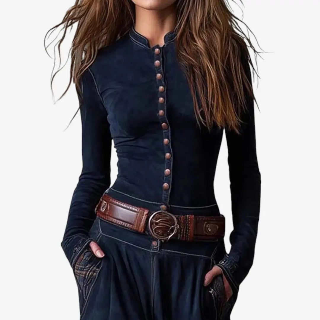 Boho western A-line women's maxi dress with unique patchwork, long sleeves & stylish button-front.