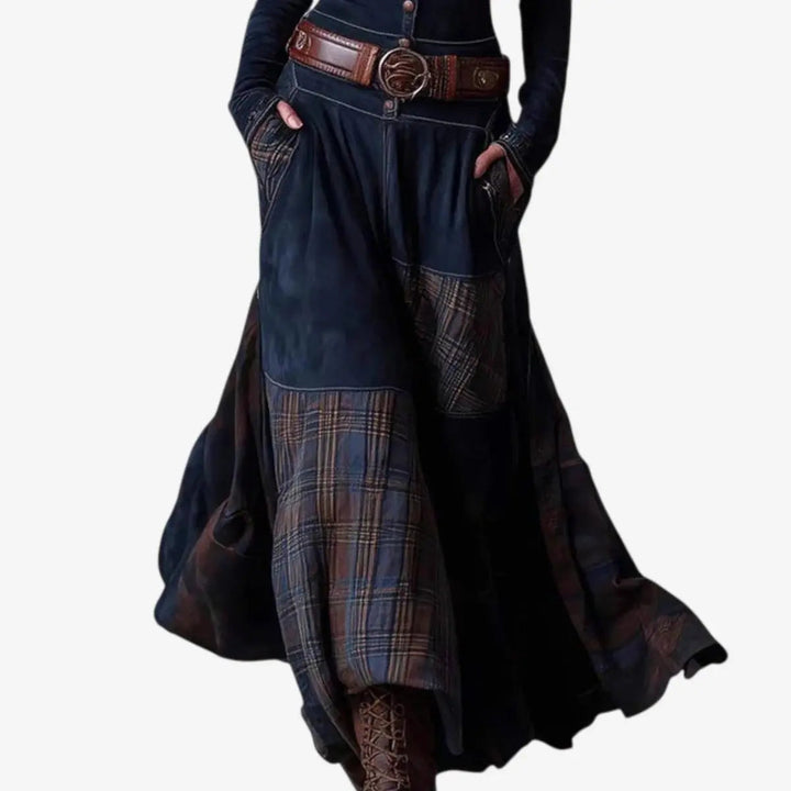 Stylish fall/winter women's patchwork maxi dress. Long sleeve, button front, western boho occasion wear.