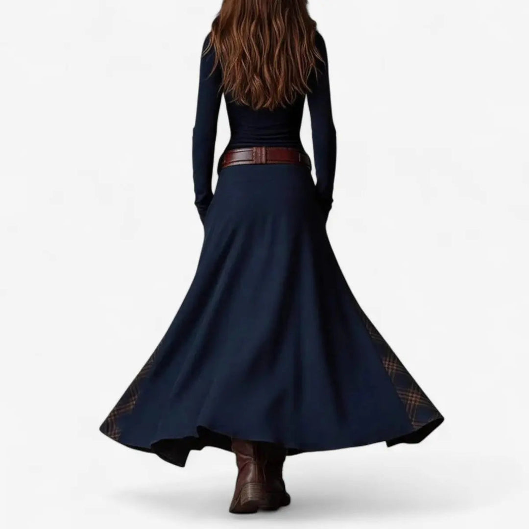 Suede-look women's patchwork maxi dress. Long sleeves, button front, perfect for a boho western fall style.
