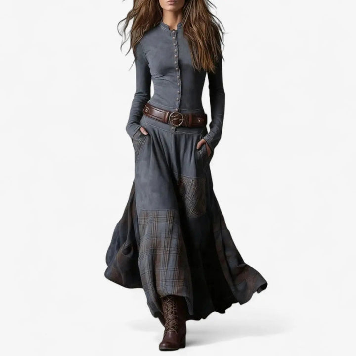 Women's patchwork maxi dress with long sleeves & button front. Suede-look fabric, embodying a boho western style.