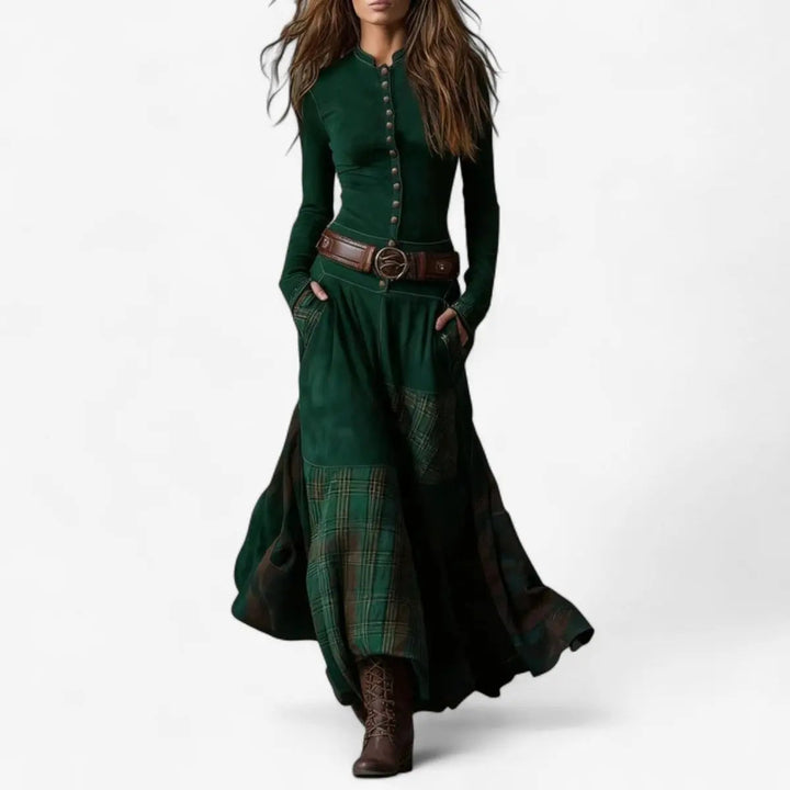 Chic women's Western Boho maxi dress. Patchwork design, long sleeves, button front, ideal for fall fashion.