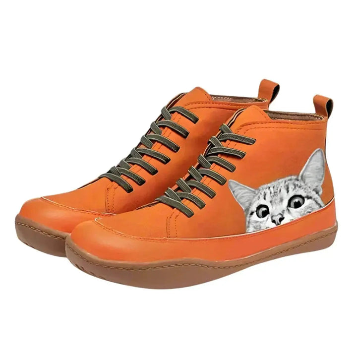 Women's whimsical cat print lace-up high-top ankle boots with flat sole for autumn & winter.