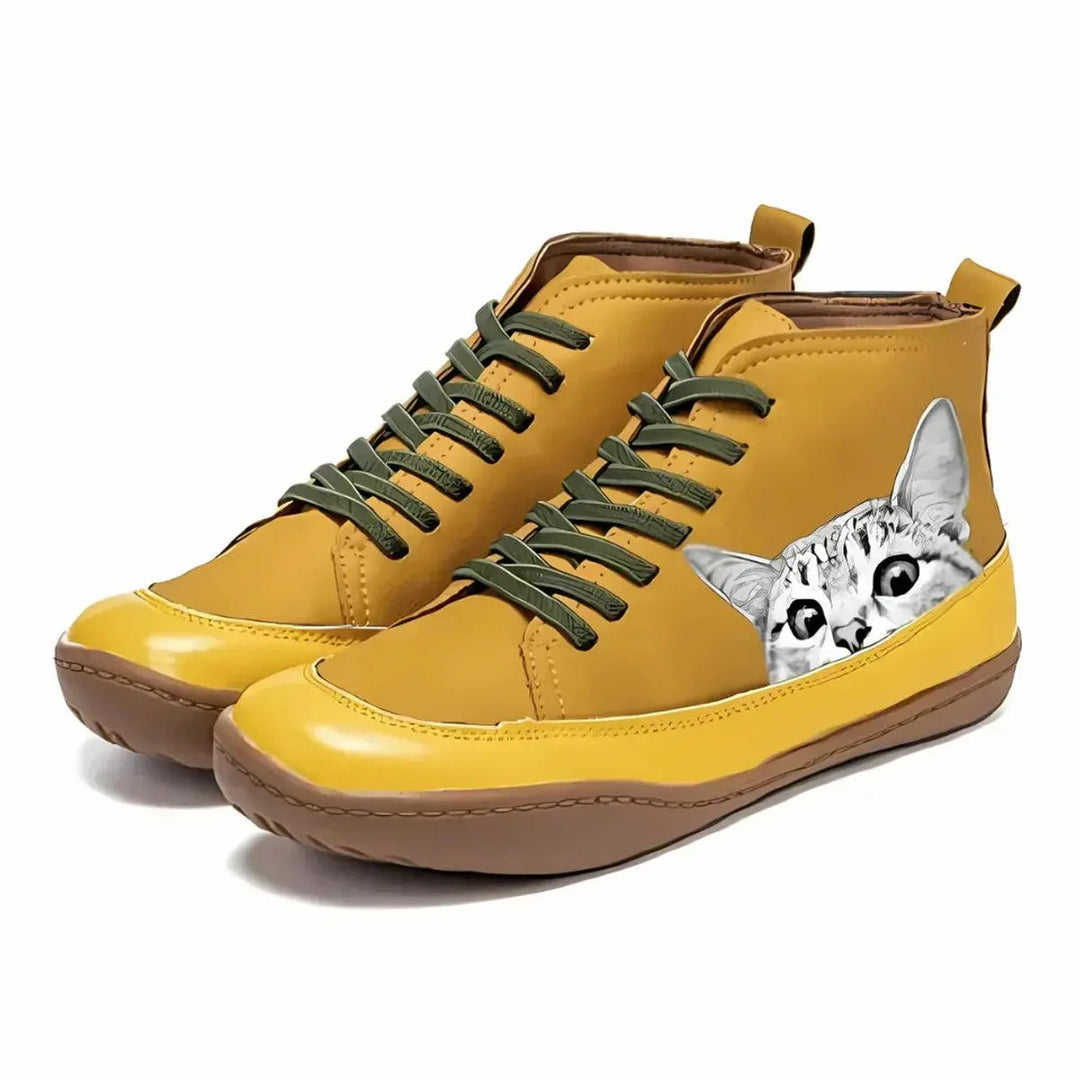 Playful women's flat ankle boots with unique cat print, lace-up high-top design, comfortable for cat lovers.