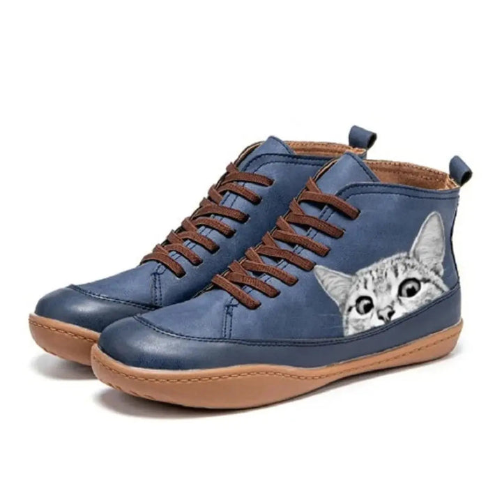 Unique women's lace-up ankle boots with whimsical cat print, comfortable flat sole, high-top style.