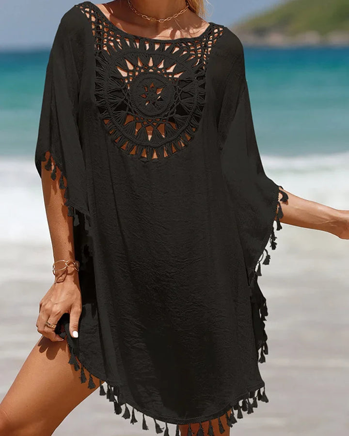 Summer fashion women's white boho mini cover-up with stylish crochet yoke & playful tasseled hem.