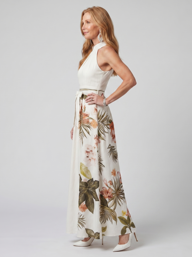 Flowy draped halter maxi dress for women, white with botanical details. Perfect for vacation wear or elegant events.