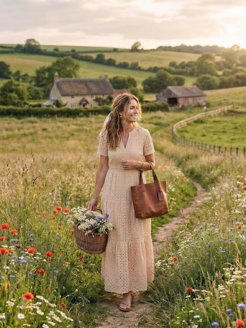 Versatile women's casual midi dress, with eyelet fabric, tiered skirt, and comfortable short sleeves.