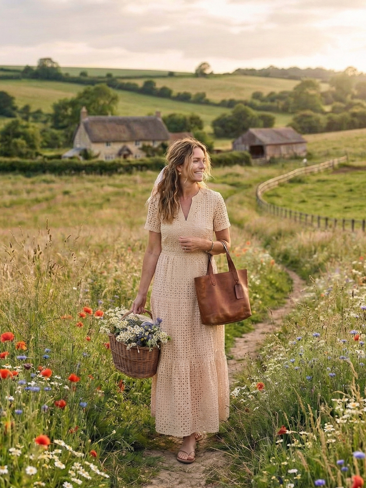 Versatile women's casual midi dress, with eyelet fabric, tiered skirt, and comfortable short sleeves.