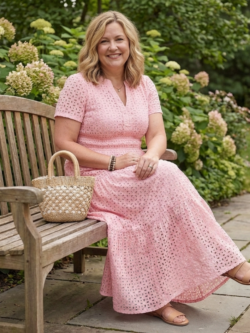 Flowy eyelet midi dress for women, featuring a chic tiered design and comfortable short sleeves.