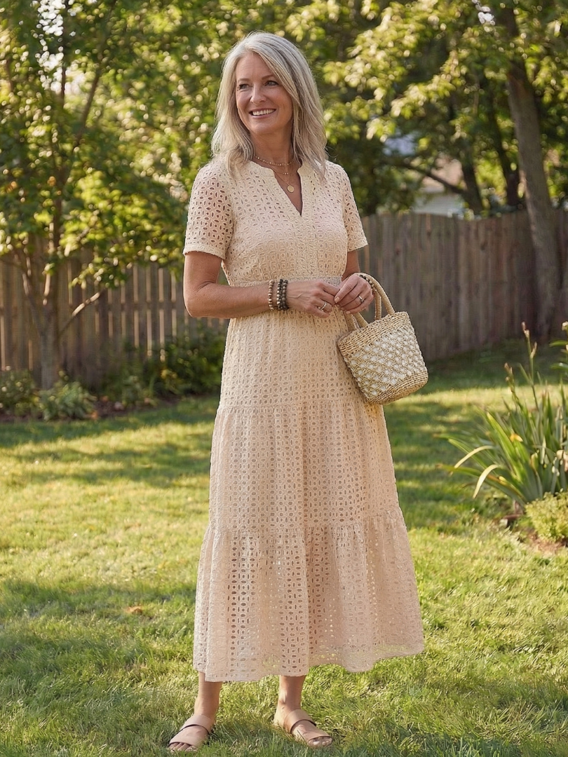 Breathable eyelet fabric on a women's tiered midi dress, designed with comfortable short sleeves.