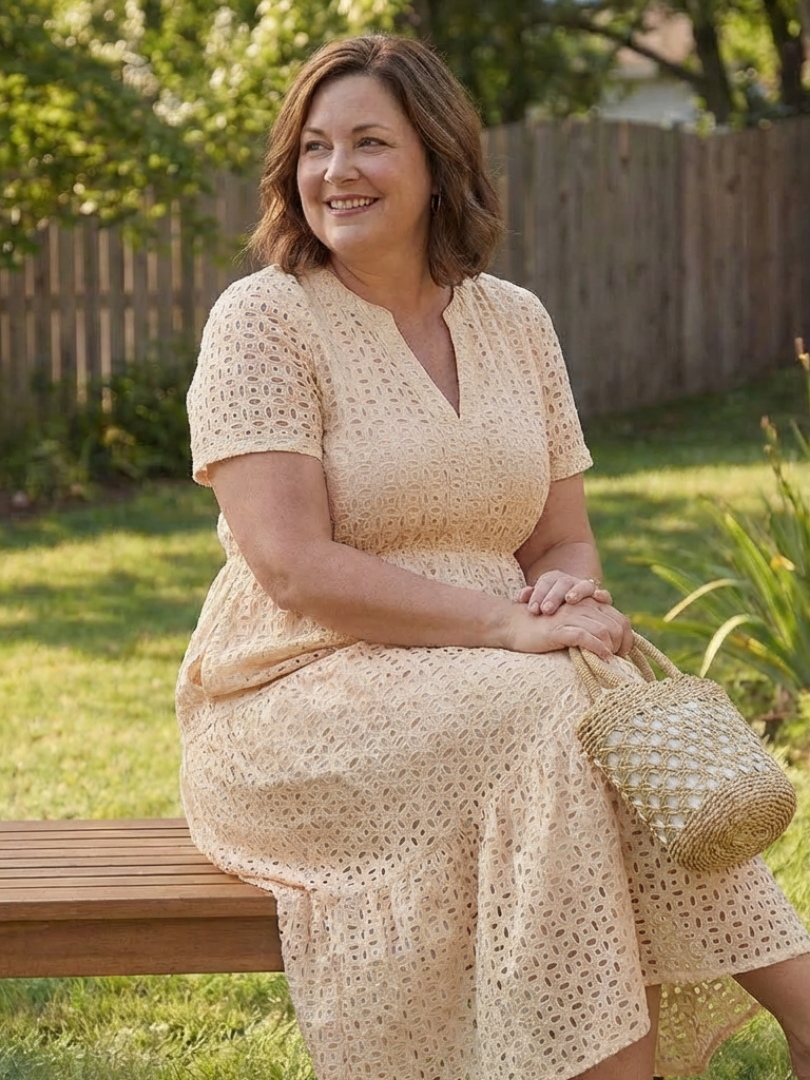 Chic women's summer midi dress, featuring a comfortable flowy tiered design, eyelet fabric, and short sleeves.