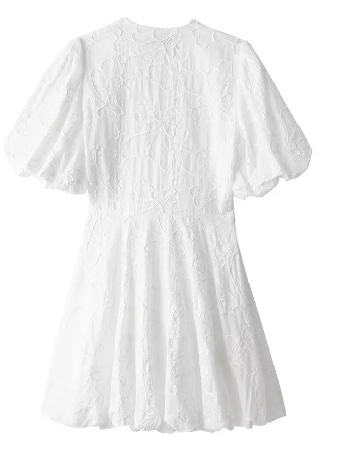 Romantic floral mini dress for women, featuring puff sleeves, white color, and perfect for chic summer day fashion.