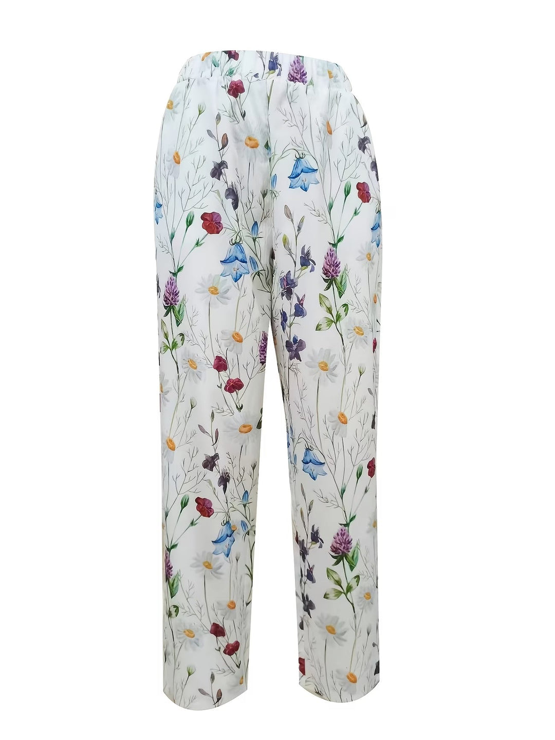Chic white women's pants with a vibrant floral print and wide-leg design, ideal for summer fashion and comfort.