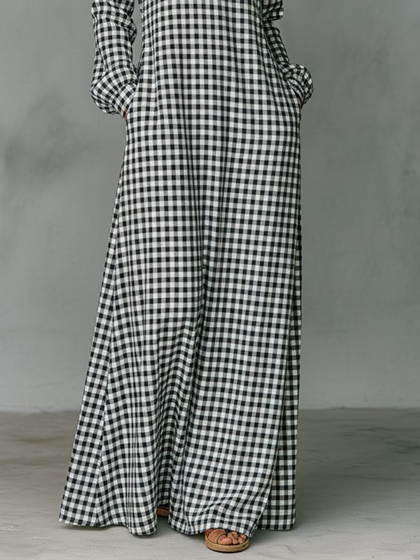 Comfortable women's long sleeve gingham maxi dress, a stylish V-neck day dress ideal for spring & summer casual wear.