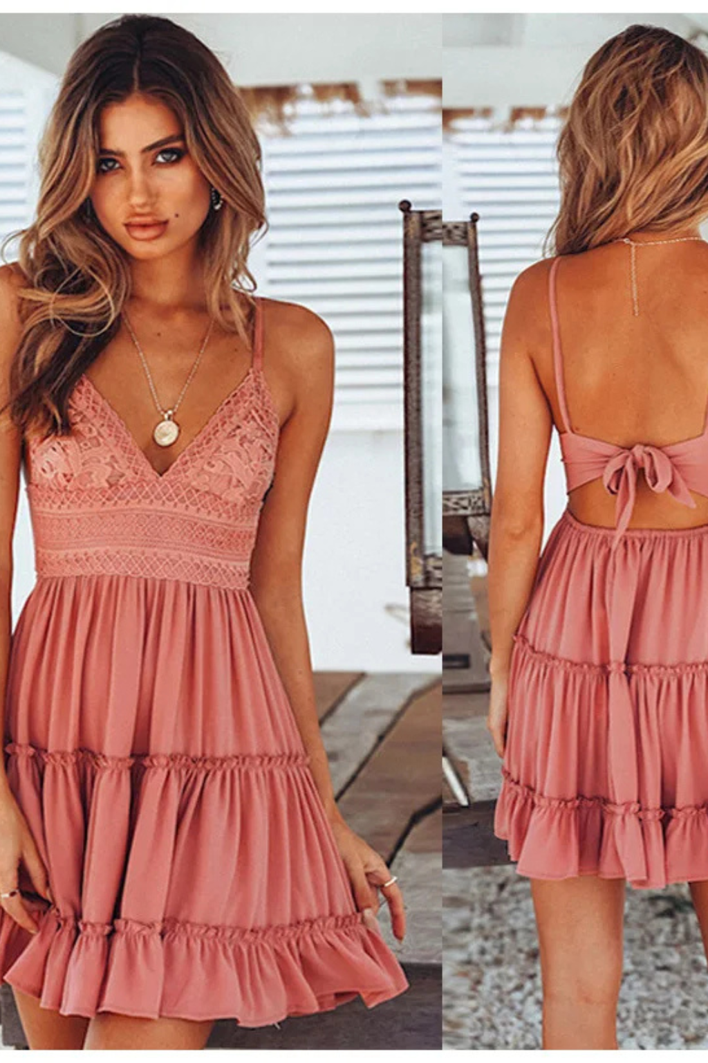 Lightweight white lace summer dress for women, mini length with spaghetti straps and a comfortable open back.