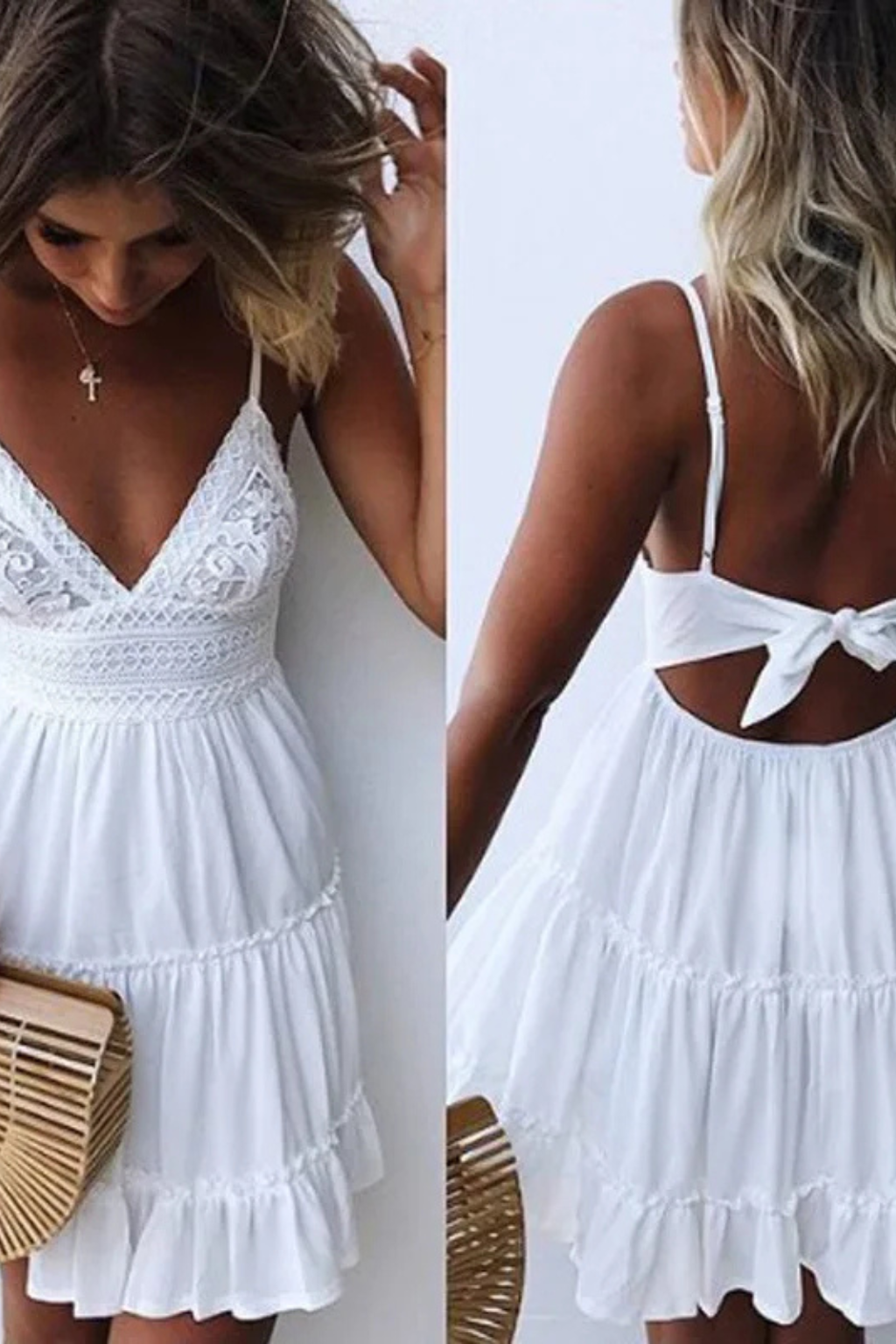 Women's white v-neck lace mini dress, perfect for summer. Features delicate spaghetti straps and a alluring open back.