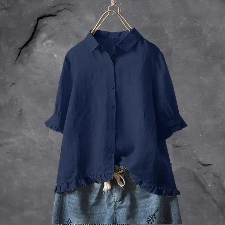 Lightweight linen women's ruffle button-down shirt in a relaxed, oversized fit for effortless summer style.