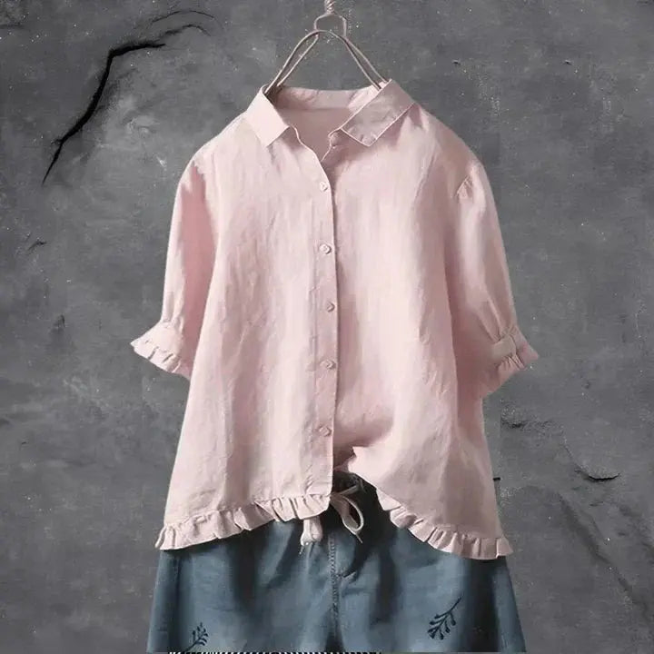 Feminine women's ruffle button-down blouse, a versatile linen top for casual outings or elegant summer wear.