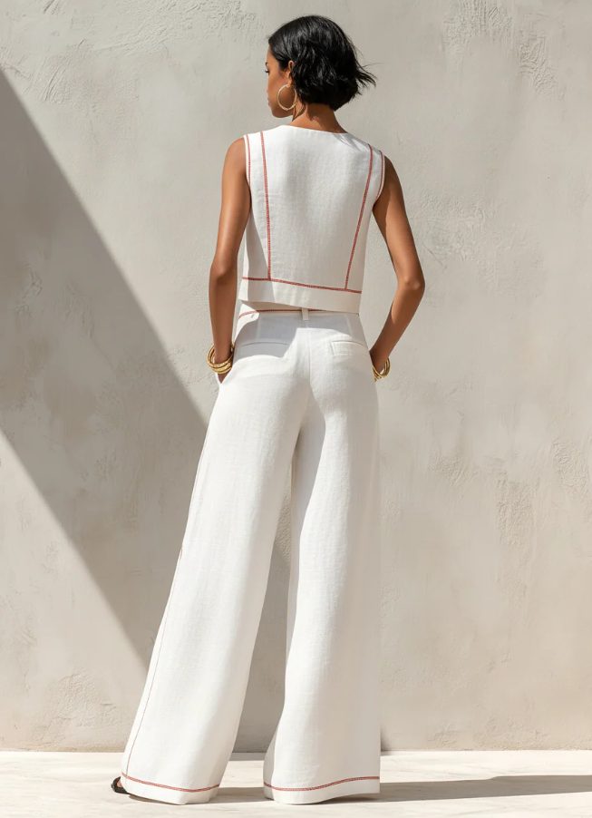 Comfortable women's linen two-piece set with a sleeveless top & relaxed wide-leg pants. Ideal for summer leisure.
