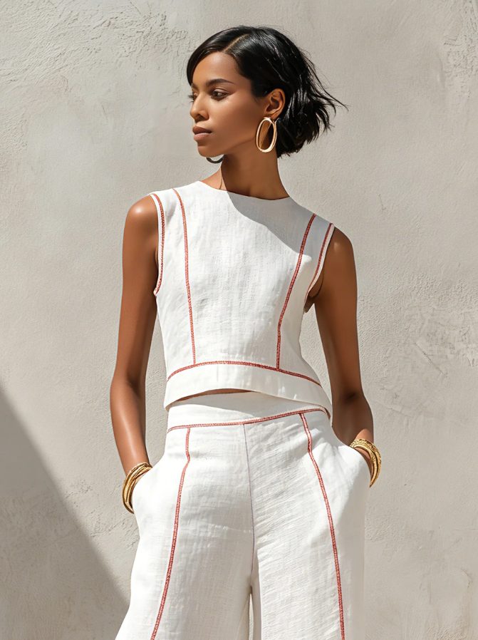 Stylish white linen sleeveless top & wide-leg pants two-piece set for women. A breezy summer outfit matching set.