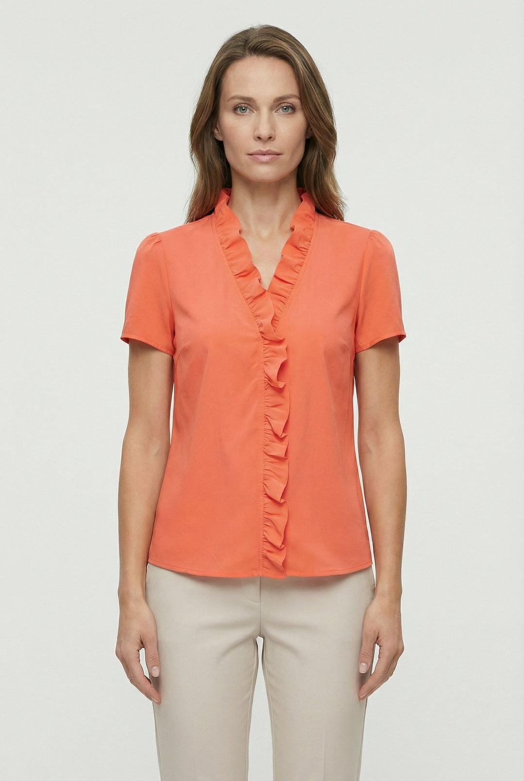 Summer top option: women's lightweight ruffled long sleeve blouse for warm weather.