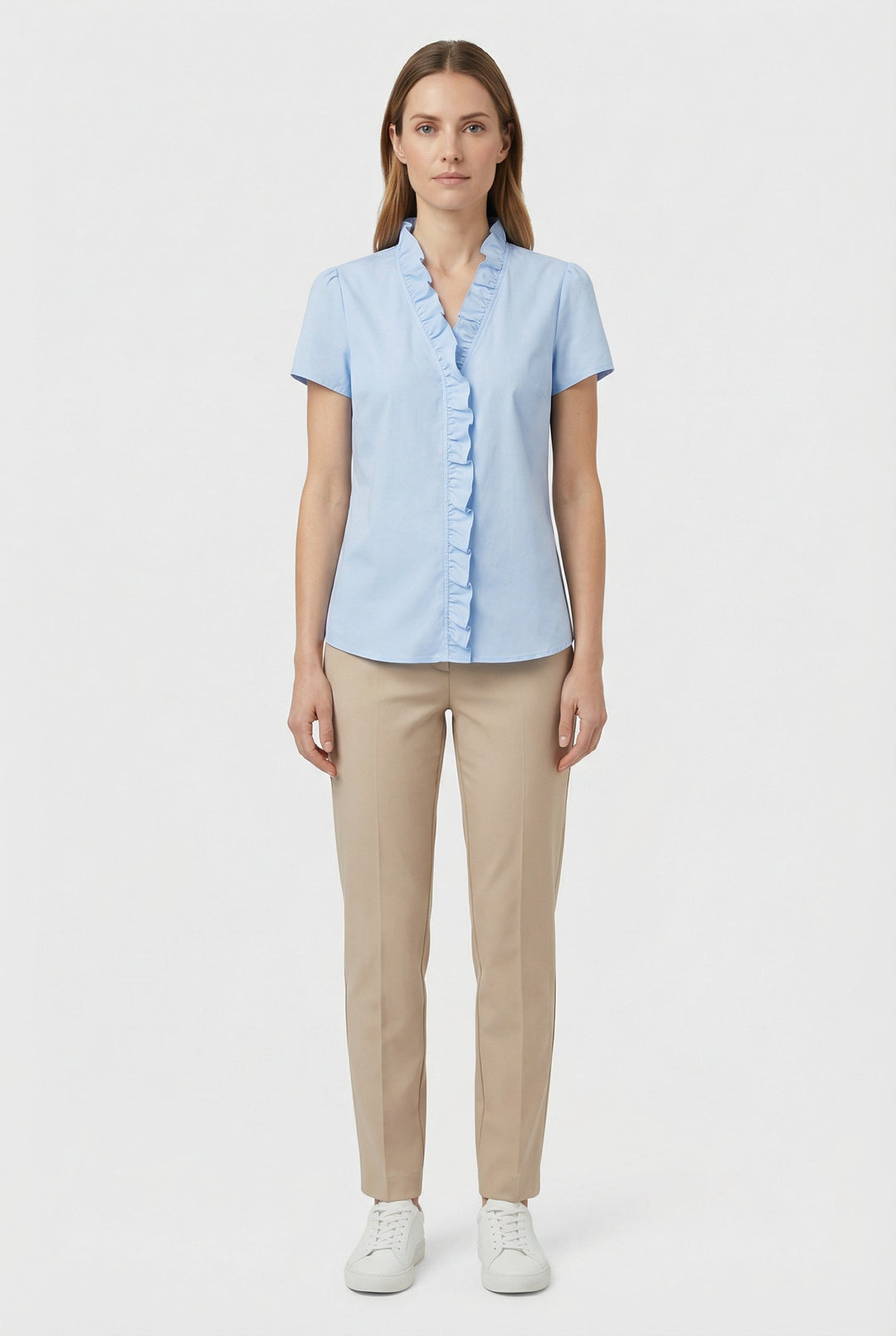 Spring fashion favorite: a women's ruffled long sleeve shirt for effortless style.