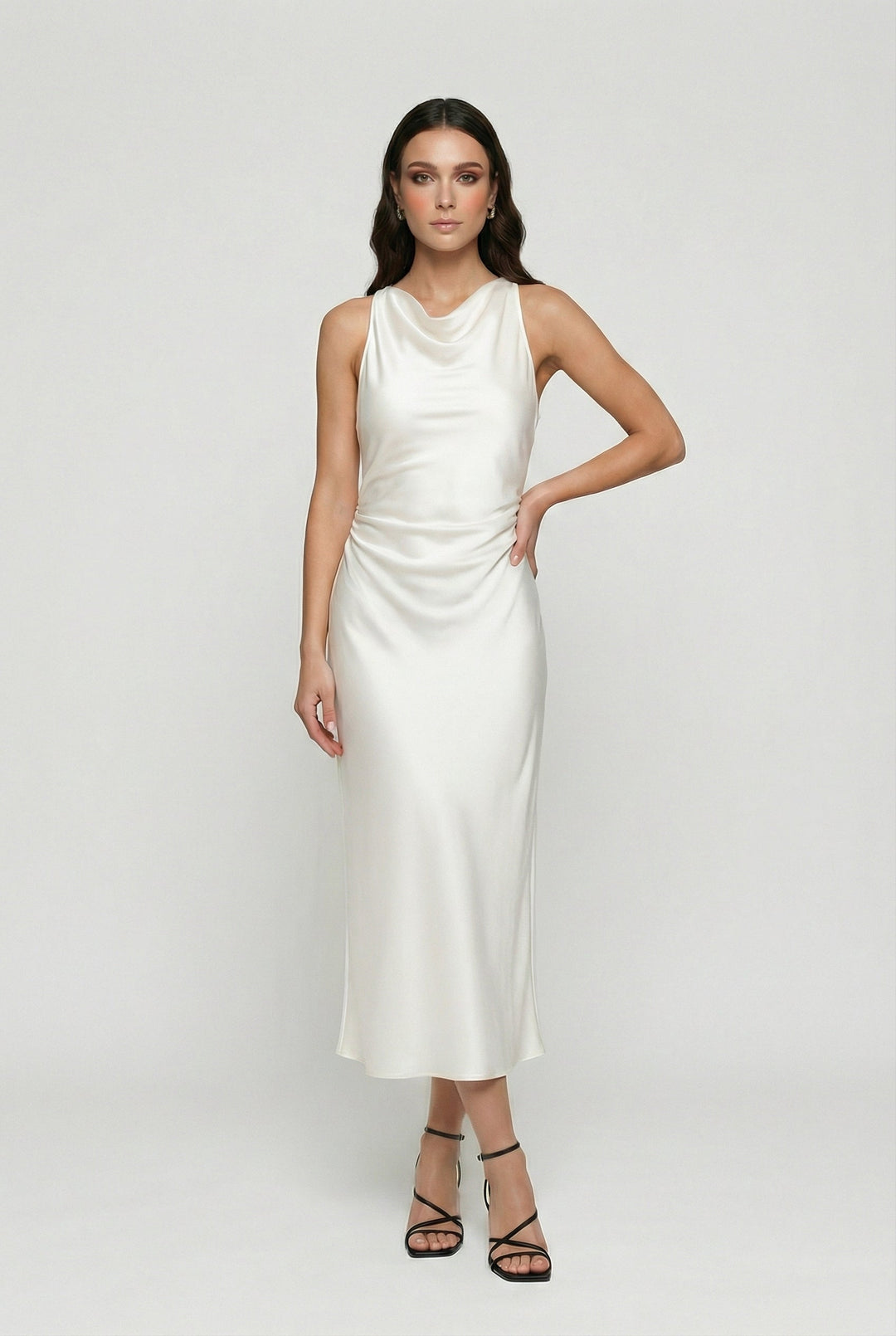 Elegant white ruched midi dress featuring a sophisticated cowl neckline
