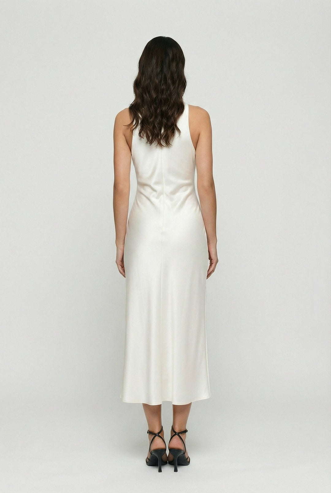 Satin evening dress in white, showcasing a flattering cowl neck and ruching