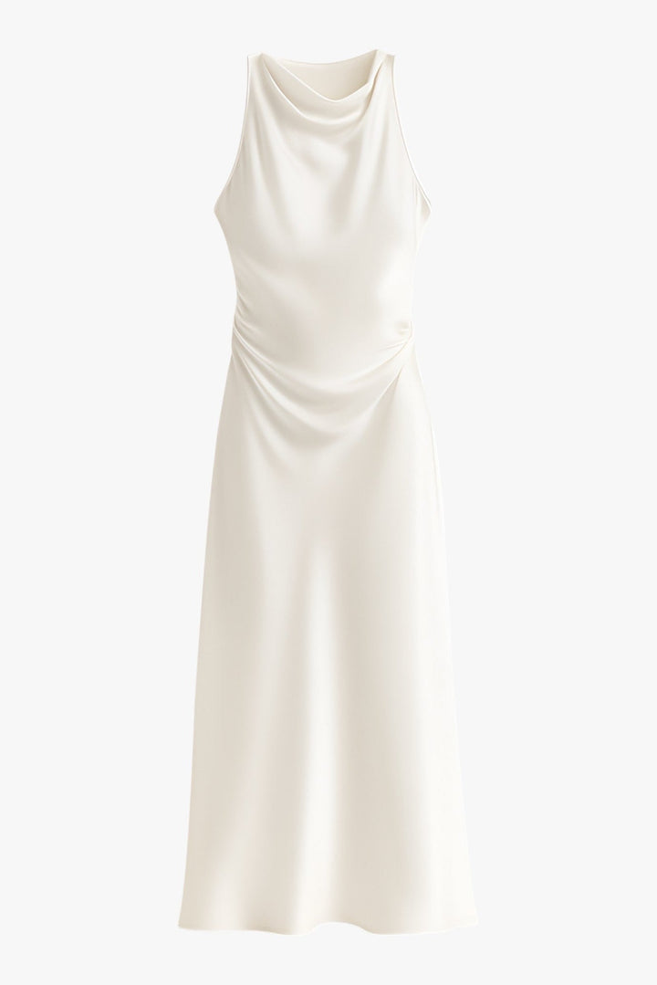 Formal women's midi dress in white satin with a chic cowl neck and ruching