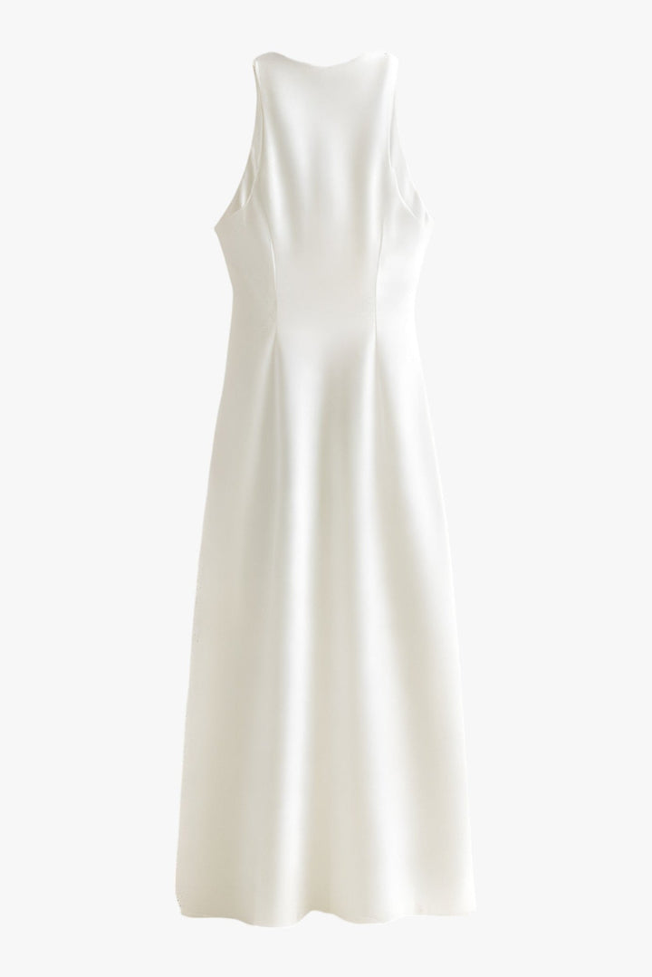 Chic white midi dress for women: elegant satin, cowl neck, and ruched silhouette