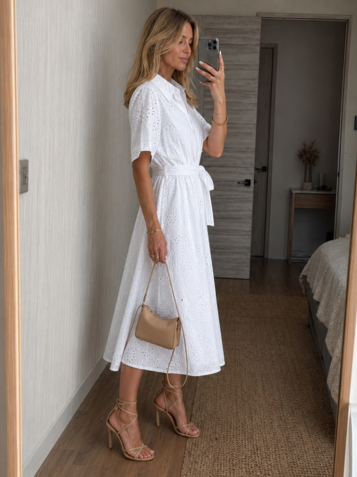Elegant women's collared midi dress, short sleeve with relaxed fit & waist tie, perfect for everyday.