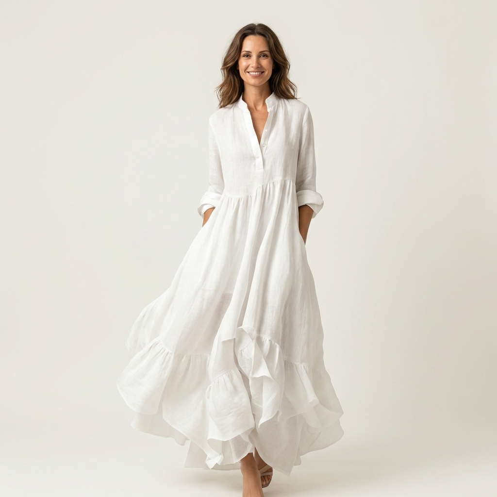 Women's white stand-collar button-front maxi dress with a flowy ruffle hem, ideal for elegant summer casual wear.