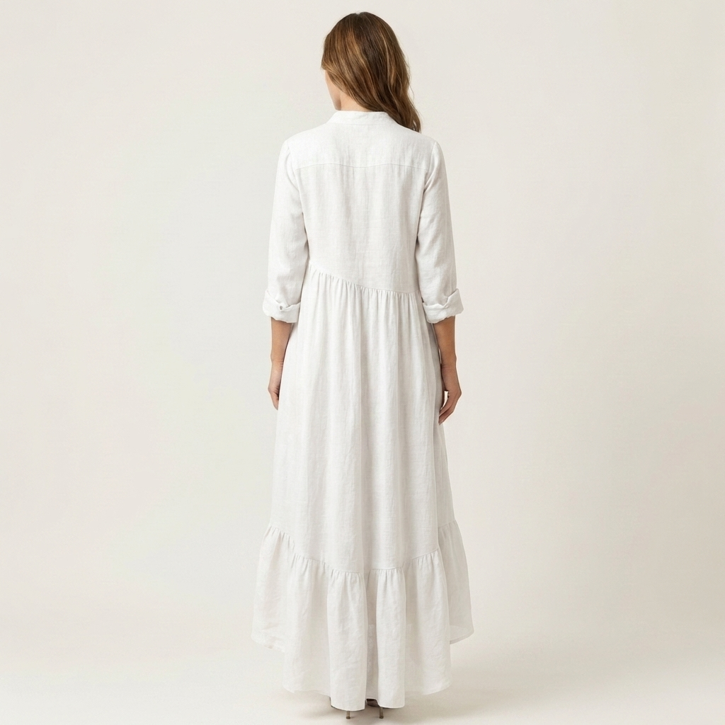 Light blue stand-collar button-front maxi dress for women, featuring a chic ruffle hem, perfect for beach days.